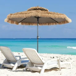 Tangkula 10 ft Thatched Patio Umbrella, 2 Tier Hawaiian Style Grass Beach Umbrella with 8 Ribs