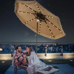 Tangkula 9 ft Thatched Patio Umbrella, 2 Tier Hawaiian Style Grass Beach Umbrella with 32 Led Lights