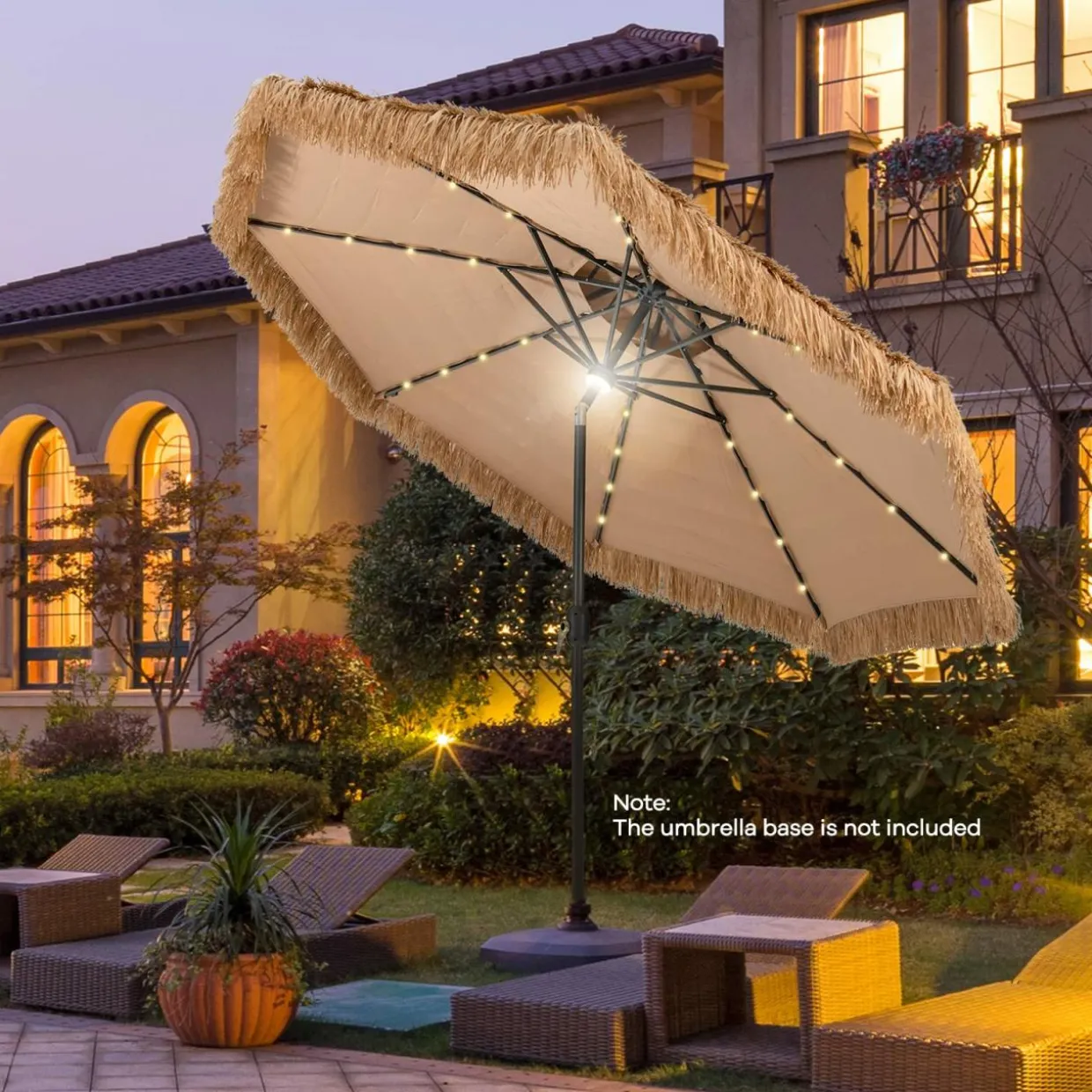 Tangkula 10 ft Thatched Patio Umbrella, 2 Tier Hawaiian Style Grass Beach Umbrella with 32 Led Lights
