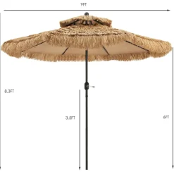 Tangkula 9 ft Thatched Patio Umbrella, 2 Tier Hawaiian Style Grass Beach Umbrella with 8 Ribs