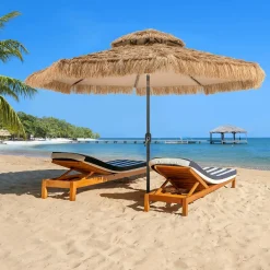 Tangkula 10 ft Thatched Patio Umbrella, 2 Tier Hawaiian Style Grass Beach Umbrella with 32 Led Lights