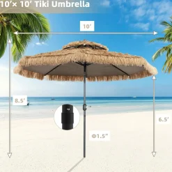 Tangkula 10 ft Thatched Patio Umbrella, 2 Tier Hawaiian Style Grass Beach Umbrella with 8 Ribs