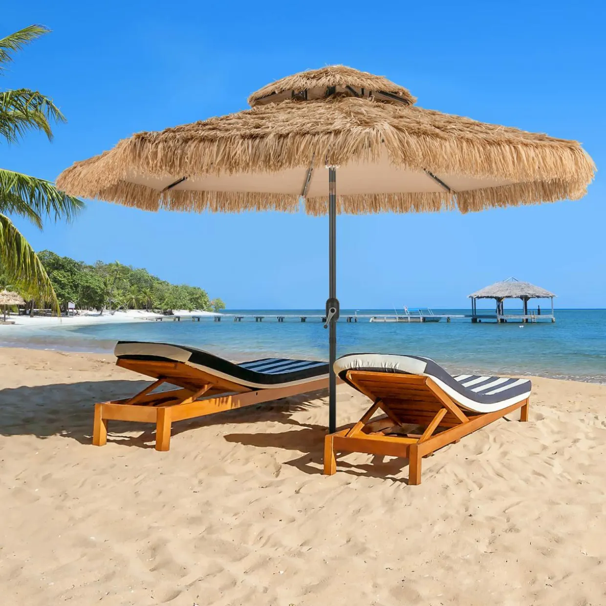 Tangkula 10 ft Thatched Patio Umbrella, 2 Tier Hawaiian Style Grass Beach Umbrella with 32 Led Lights