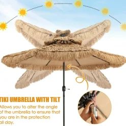 Tangkula 9 ft Thatched Patio Umbrella, 2 Tier Hawaiian Style Grass Beach Umbrella with 8 Ribs