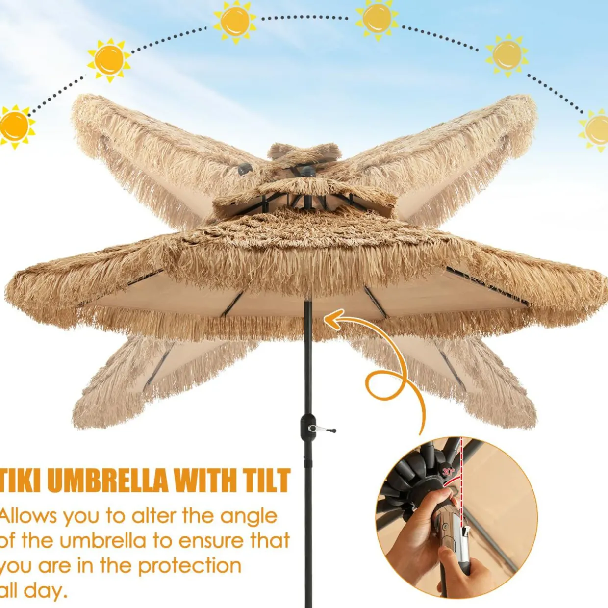Tangkula 9 ft Thatched Patio Umbrella, 2 Tier Hawaiian Style Grass Beach Umbrella with 8 Ribs