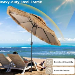 Tangkula 10 ft Thatched Patio Umbrella, 2 Tier Hawaiian Style Grass Beach Umbrella with 8 Ribs