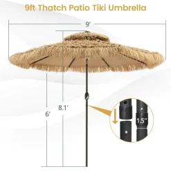 Tangkula 9 ft Thatched Patio Umbrella, 2 Tier Hawaiian Style Grass Beach Umbrella with 32 Led Lights