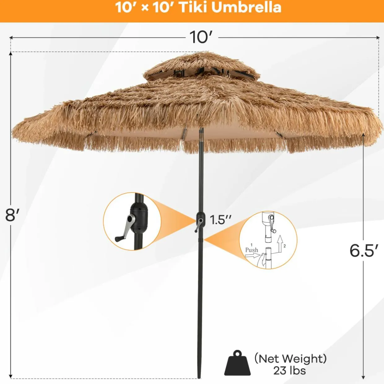 Tangkula 10 ft Thatched Patio Umbrella, 2 Tier Hawaiian Style Grass Beach Umbrella with 32 Led Lights