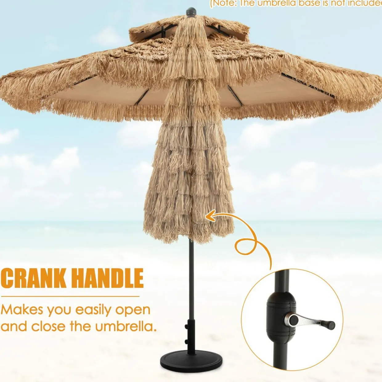 Tangkula 9 ft Thatched Patio Umbrella, 2 Tier Hawaiian Style Grass Beach Umbrella with 8 Ribs