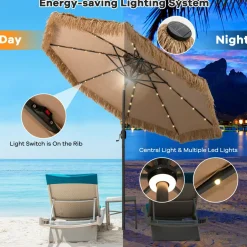 Tangkula 10 ft Thatched Patio Umbrella, 2 Tier Hawaiian Style Grass Beach Umbrella with 32 Led Lights