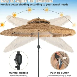 Tangkula 10 ft Thatched Patio Umbrella, 2 Tier Hawaiian Style Grass Beach Umbrella with 8 Ribs