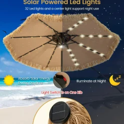 Tangkula 9 ft Thatched Patio Umbrella, 2 Tier Hawaiian Style Grass Beach Umbrella with 32 Led Lights