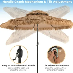 Tangkula 10 ft Thatched Patio Umbrella, 2 Tier Hawaiian Style Grass Beach Umbrella with 32 Led Lights
