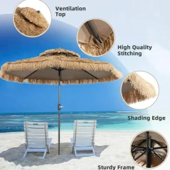 Tangkula 10 ft Thatched Patio Umbrella, 2 Tier Hawaiian Style Grass Beach Umbrella with 8 Ribs