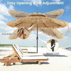Tangkula 9 ft Thatched Patio Umbrella, 2 Tier Hawaiian Style Grass Beach Umbrella with 32 Led Lights