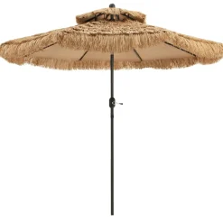 Tangkula 9 ft Thatched Patio Umbrella, 2 Tier Hawaiian Style Grass Beach Umbrella with 8 Ribs