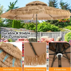 Tangkula 10 ft Thatched Patio Umbrella, 2 Tier Hawaiian Style Grass Beach Umbrella with 32 Led Lights