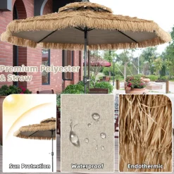 Tangkula 10 ft Thatched Patio Umbrella, 2 Tier Hawaiian Style Grass Beach Umbrella with 8 Ribs