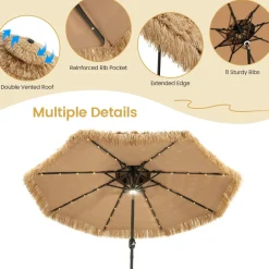 Tangkula 9 ft Thatched Patio Umbrella, 2 Tier Hawaiian Style Grass Beach Umbrella with 32 Led Lights