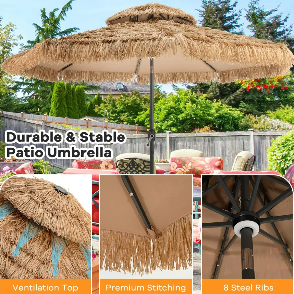 Tangkula 10 ft Thatched Patio Umbrella, 2 Tier Hawaiian Style Grass Beach Umbrella with 32 Led Lights