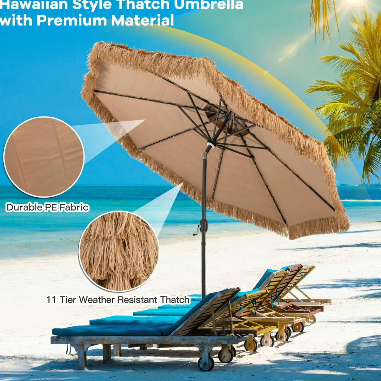 Tangkula 10 ft Thatched Patio Umbrella, 2 Tier Hawaiian Style Grass Beach Umbrella with 32 Led Lights