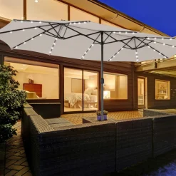 Tangkula 15 Ft Twin Patio Umbrella with 48 LED Lights, Double-Sided Outdoor Umbrella