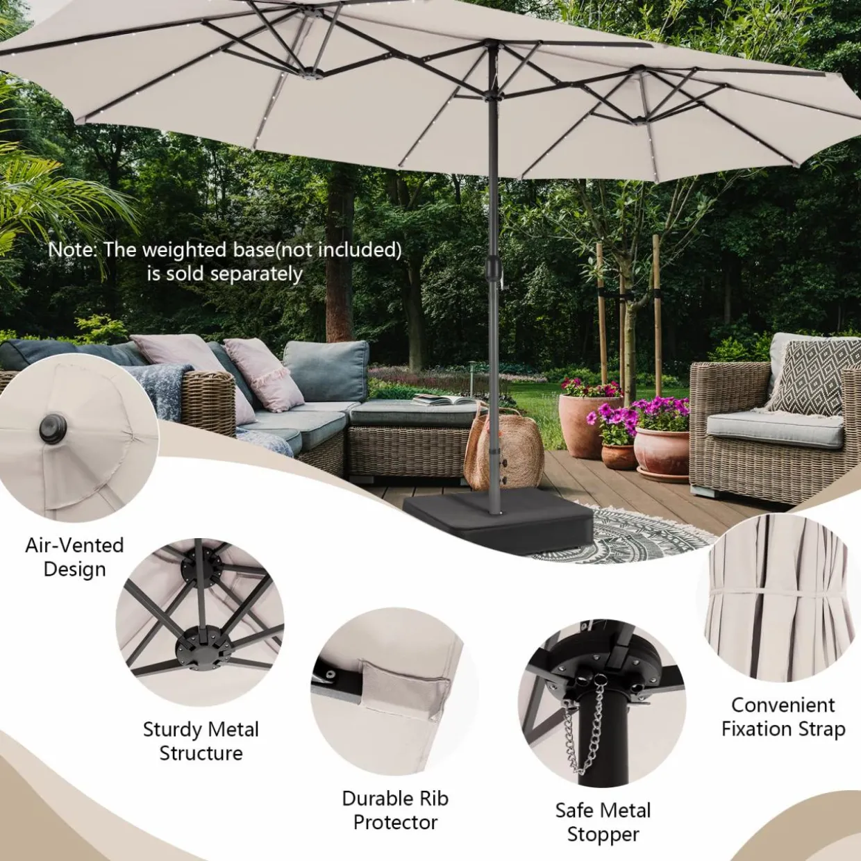 Tangkula 15 Ft Twin Patio Umbrella with 48 LED Lights, Double-Sided Outdoor Umbrella