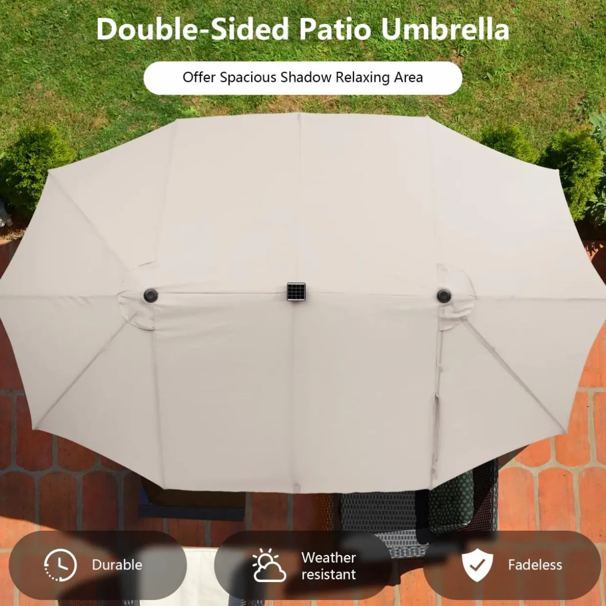 Tangkula 15 Ft Twin Patio Umbrella with 48 LED Lights, Double-Sided Outdoor Umbrella