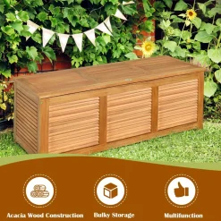 Tangkula 47 Gallon Acacia Wood Deck Box, Garden Backyard Storage Bench(Natural)