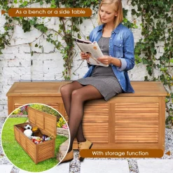 Tangkula 47 Gallon Acacia Wood Deck Box, Garden Backyard Storage Bench(Natural)