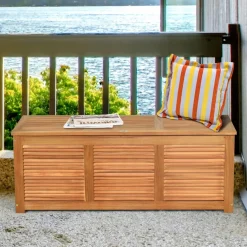 Tangkula 47 Gallon Acacia Wood Deck Box, Garden Backyard Storage Bench(Natural)