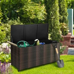 Tangkula 96 Gallon Deck Box, PE Wicker Outdoor Storage Box with 4 Wheels and Waterproof Zippered Liner