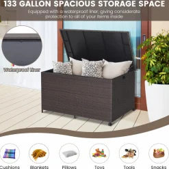 Tangkula 133 Gallon Deck Storage Box, Patio Rattan Storage Container with 2 Universal Wheels