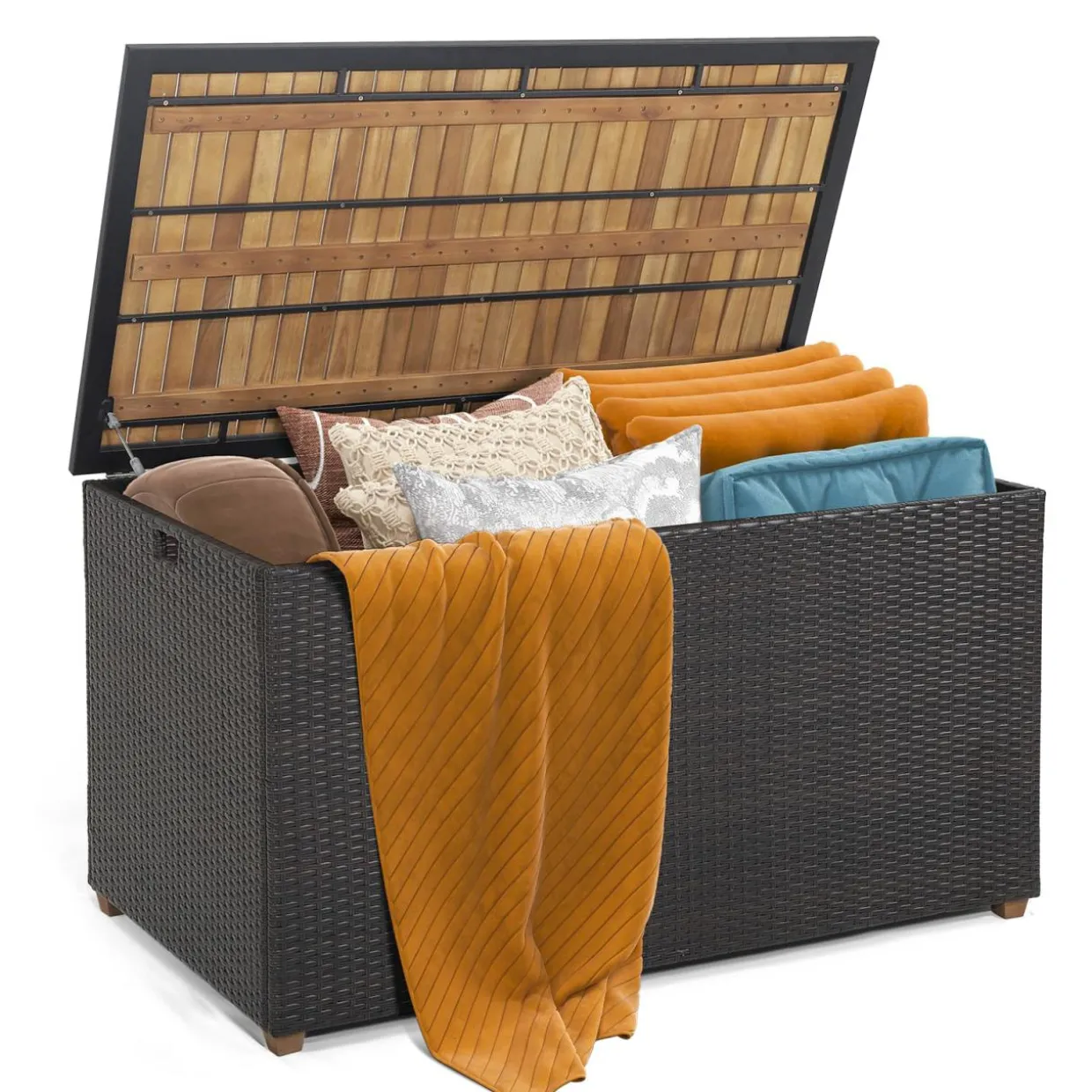 Tangkula 134 Gallon Outdoor Storage Box, Wicker Patio Deck Box with Solid Acacia Wood and Waterproof Zippered Liner