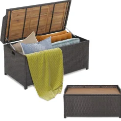 Tangkula 45 Gallon Outdoor Storage Bench, Mix Brown Rattan Storage Container with Zippered Liner