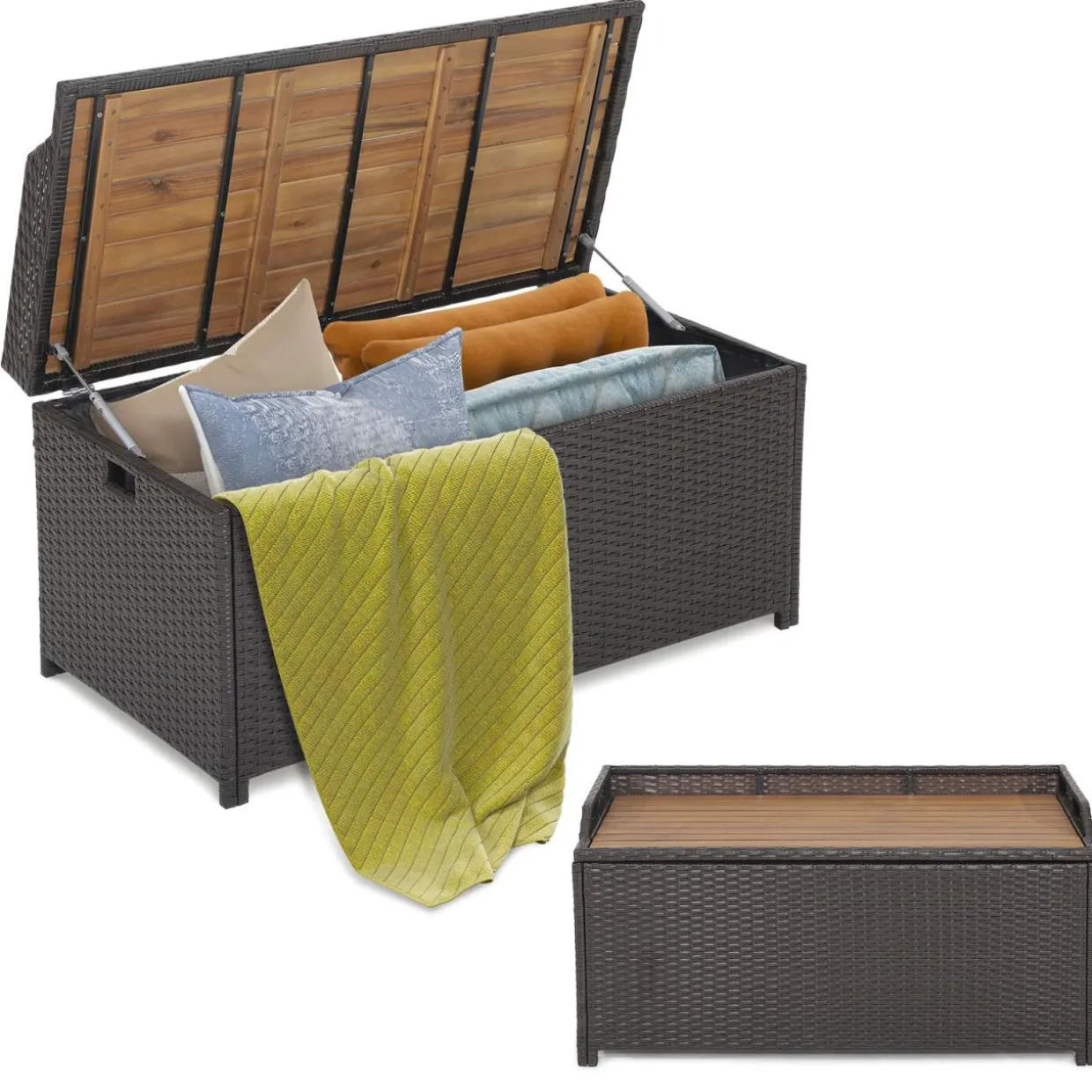 Tangkula 45 Gallon Outdoor Storage Bench, Mix Brown Rattan Storage Container with Zippered Liner