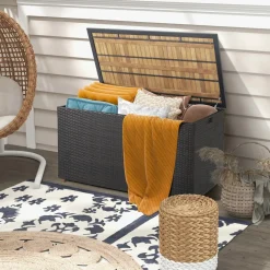 Tangkula 134 Gallon Outdoor Storage Box, Wicker Patio Deck Box with Solid Acacia Wood and Waterproof Zippered Liner