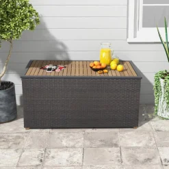 Tangkula 134 Gallon Outdoor Storage Box, Wicker Patio Deck Box with Solid Acacia Wood and Waterproof Zippered Liner