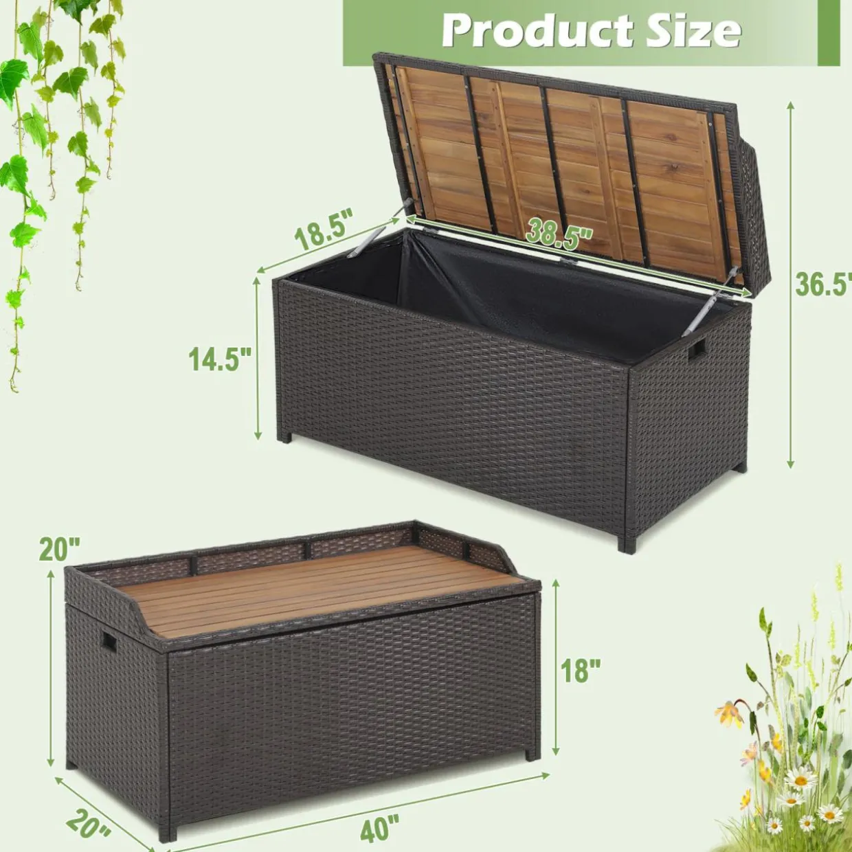 Tangkula 45 Gallon Outdoor Storage Bench, Mix Brown Rattan Storage Container with Zippered Liner
