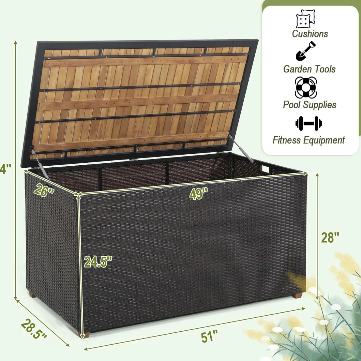 Tangkula 134 Gallon Outdoor Storage Box, Wicker Patio Deck Box with Solid Acacia Wood and Waterproof Zippered Liner