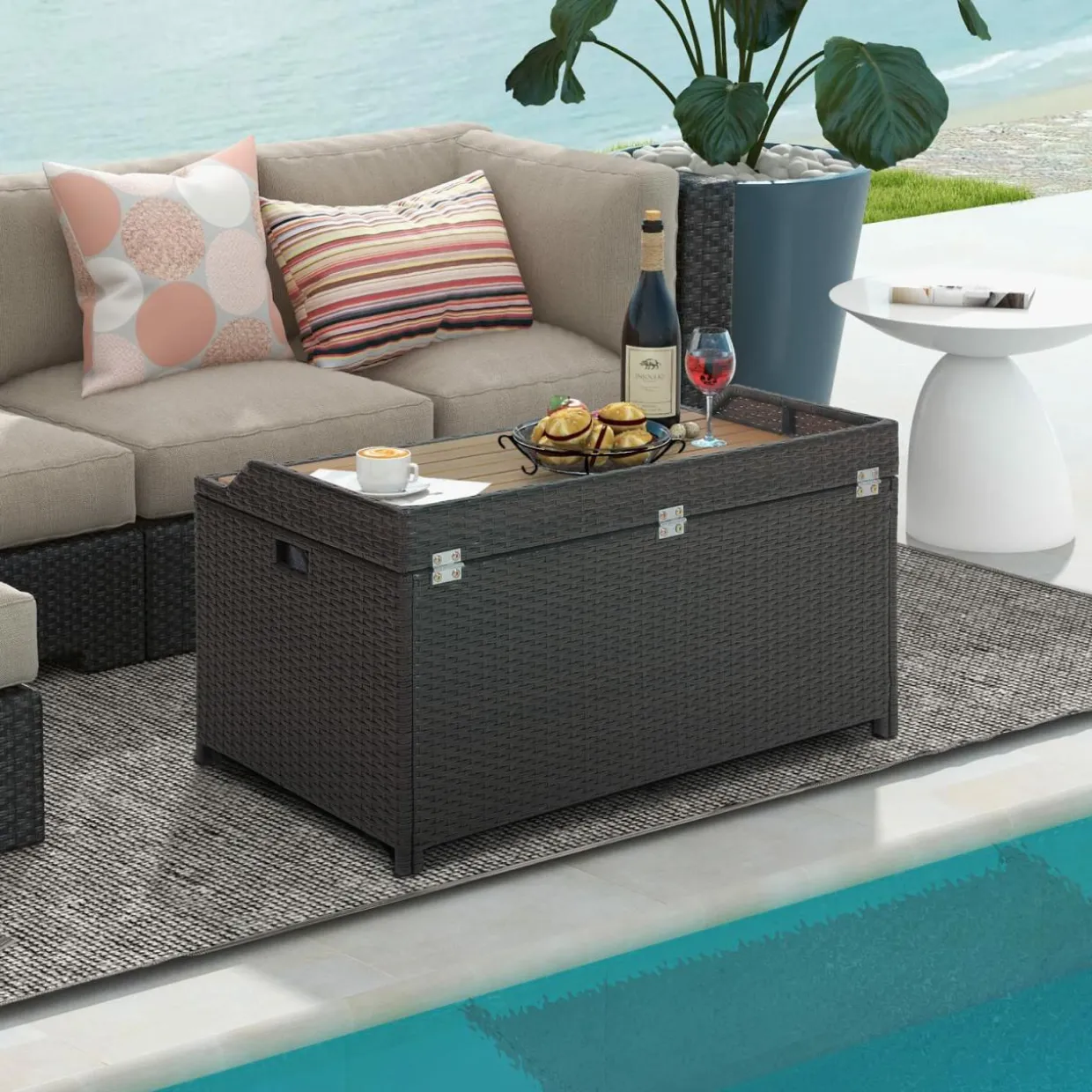 Tangkula 45 Gallon Outdoor Storage Bench, Mix Brown Rattan Storage Container with Zippered Liner