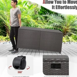 Tangkula 175 Gallon Outdoor Storage Box, Wicker Patio Deck Box with 2 Universal Wheels and Waterproof Zippered Liner