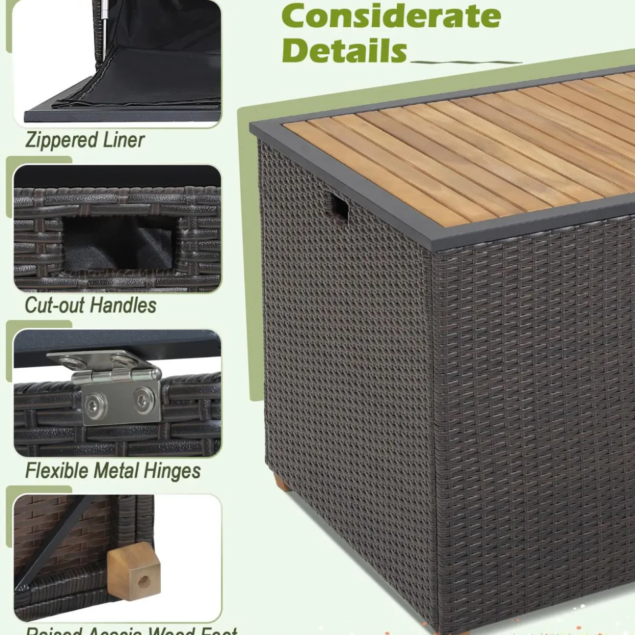 Tangkula 134 Gallon Outdoor Storage Box, Wicker Patio Deck Box with Solid Acacia Wood and Waterproof Zippered Liner