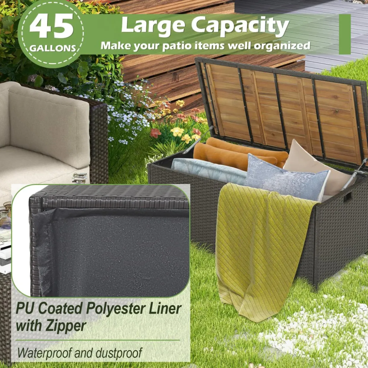 Tangkula 45 Gallon Outdoor Storage Bench, Mix Brown Rattan Storage Container with Zippered Liner