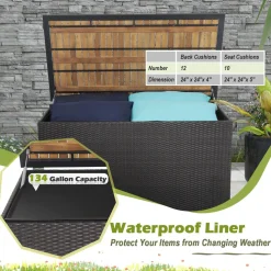 Tangkula 134 Gallon Outdoor Storage Box, Wicker Patio Deck Box with Solid Acacia Wood and Waterproof Zippered Liner