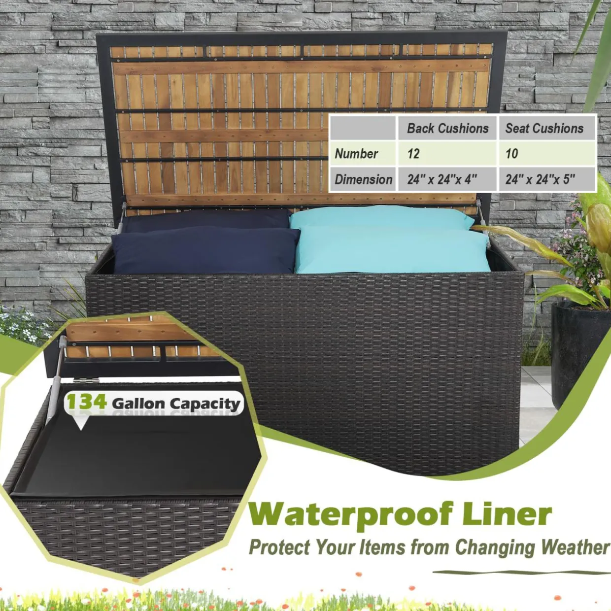 Tangkula 134 Gallon Outdoor Storage Box, Wicker Patio Deck Box with Solid Acacia Wood and Waterproof Zippered Liner
