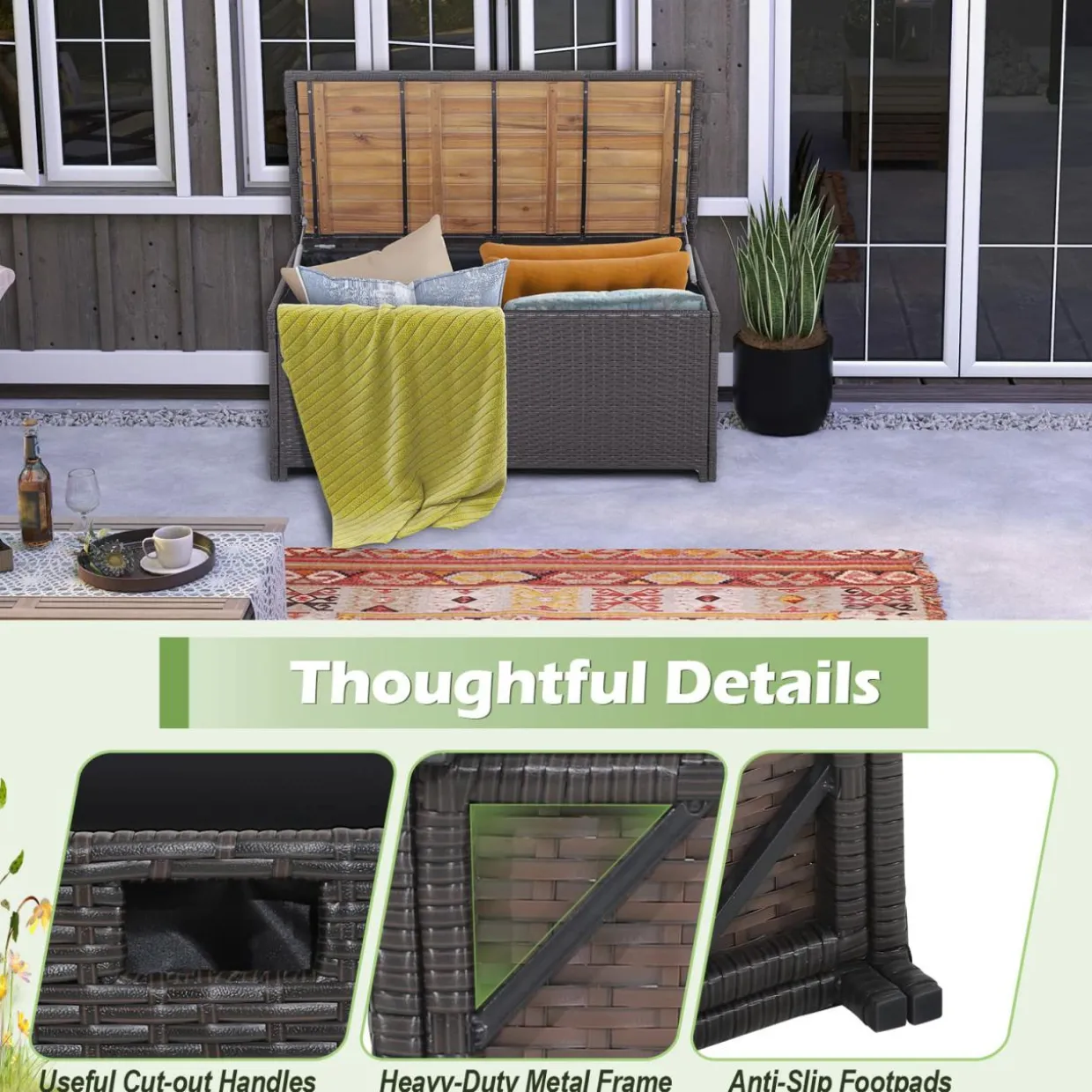 Tangkula 45 Gallon Outdoor Storage Bench, Mix Brown Rattan Storage Container with Zippered Liner