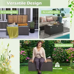 Tangkula 45 Gallon Outdoor Storage Bench, Mix Brown Rattan Storage Container with Zippered Liner