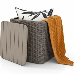 Tangkula 11.5 Gallon Water-proof Deck Box, Outdoo Patio Storage Box w/Removable Lid &, Faux Rattan Storage Container Side Table