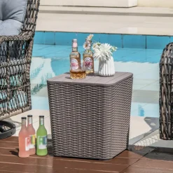 Tangkula 11.5 Gallon Water-proof Deck Box, Outdoo Patio Storage Box w/Removable Lid &, Faux Rattan Storage Container Side Table